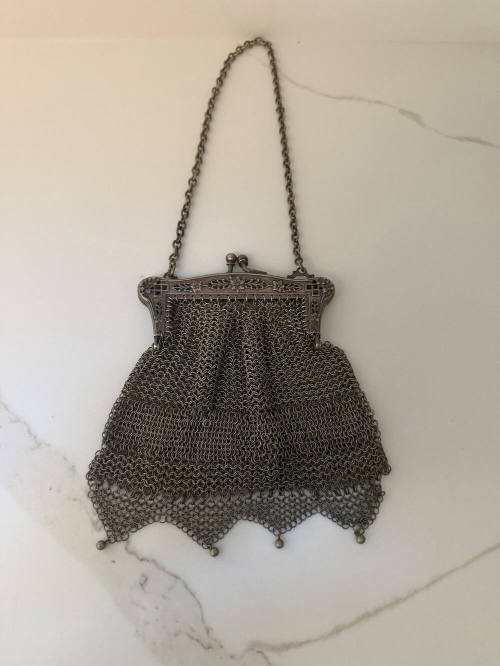 Antique German Silver Chainmail Mesh Purse Art Nouveau Handbag c1900
